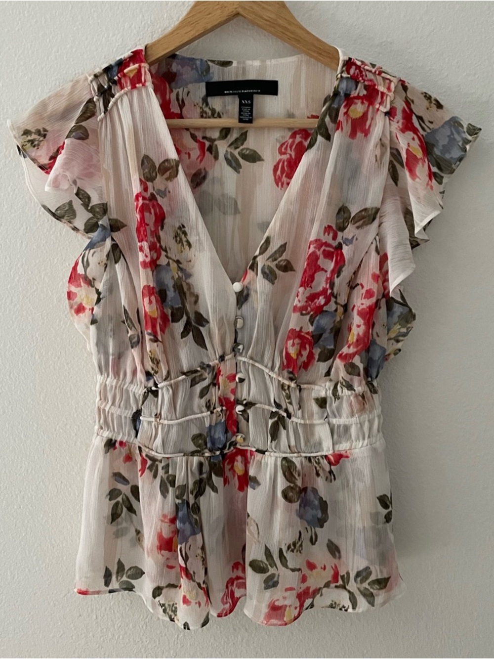 WHBM Floral Chiffon V-Neck Ruffled Blouse - White with Red & Blue Flowers XXS